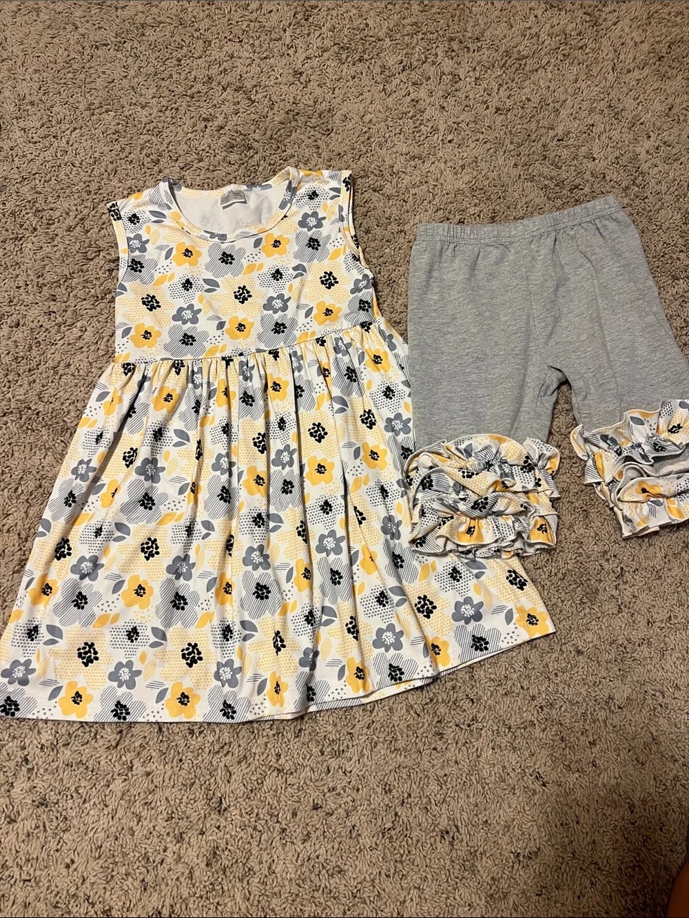 Girls Yellow & Gray Floral Sleeveless Dress with Ruffle Bike Shorts